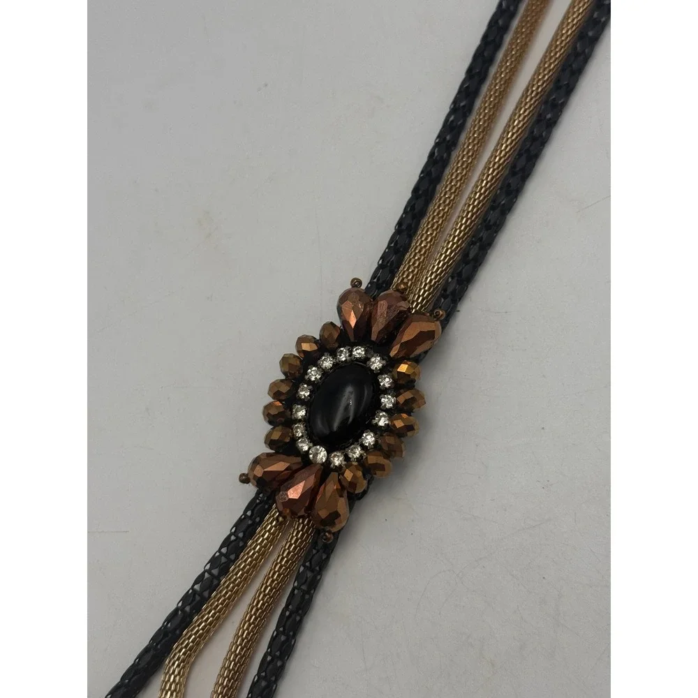 Vintage Multi Strand Bolo Necklace Black Gold Mesh Chain Rhinestone Cabochon